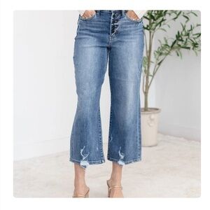 High Waist Destroy Button-Fly Crop Denim